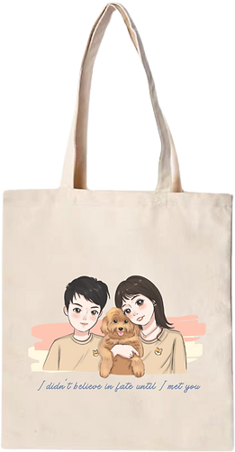 Natural cotton tote bag featuring classic illustration of couple with pet and romantic quote in soft pastel colors